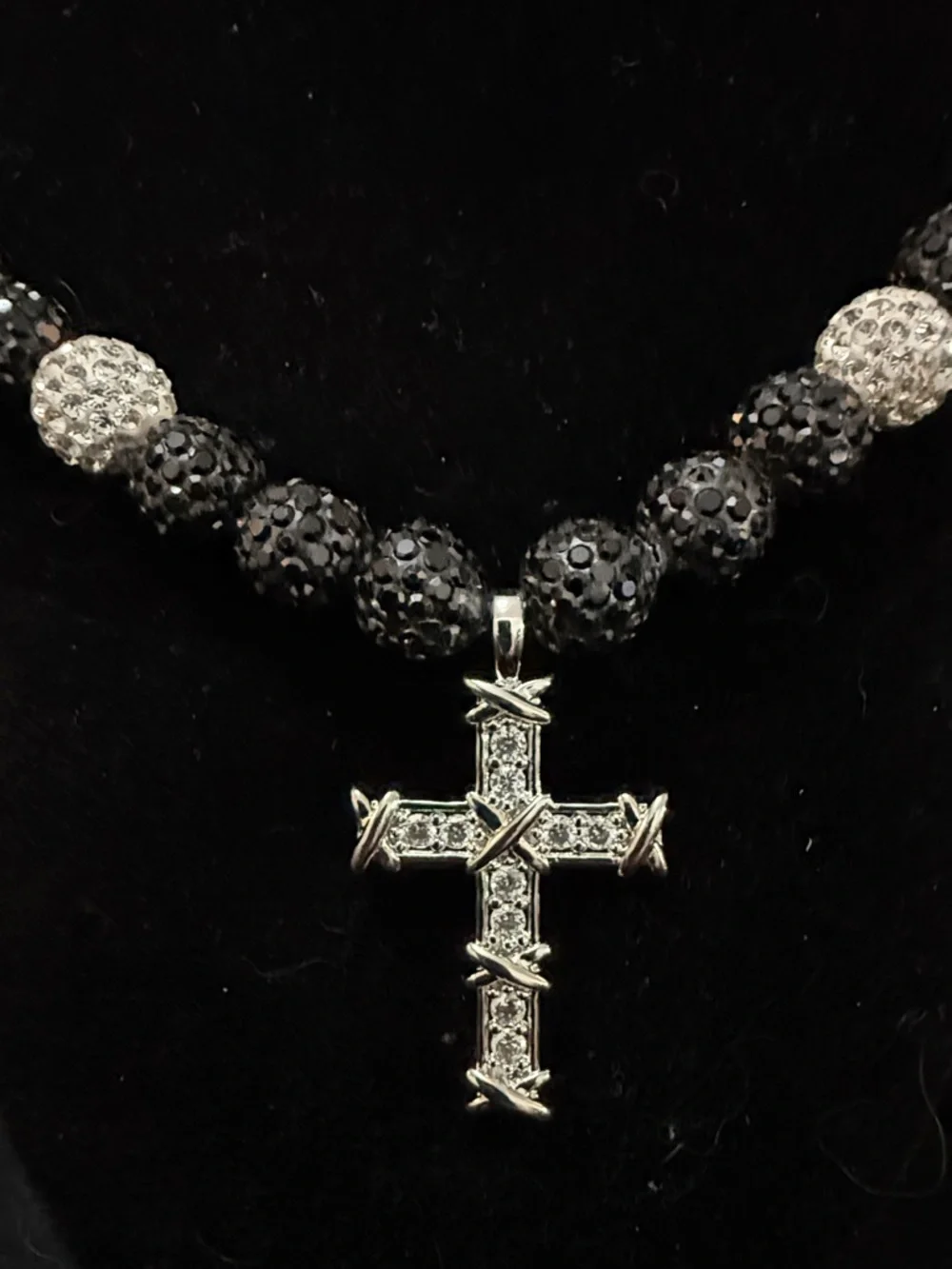Stainless steel Cross Pendant Necklace with Black and‎ White Crystal Beads